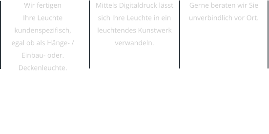 Wir fertigen  Ihre Leuchte kundenspezifisch,  egal ob als Hänge- / Einbau- oder. Deckenleuchte. Mittels Digitaldruck lässt sich Ihre Leuchte in ein leuchtendes Kunstwerk verwandeln. Gerne beraten wir Sie unverbindlich vor Ort.